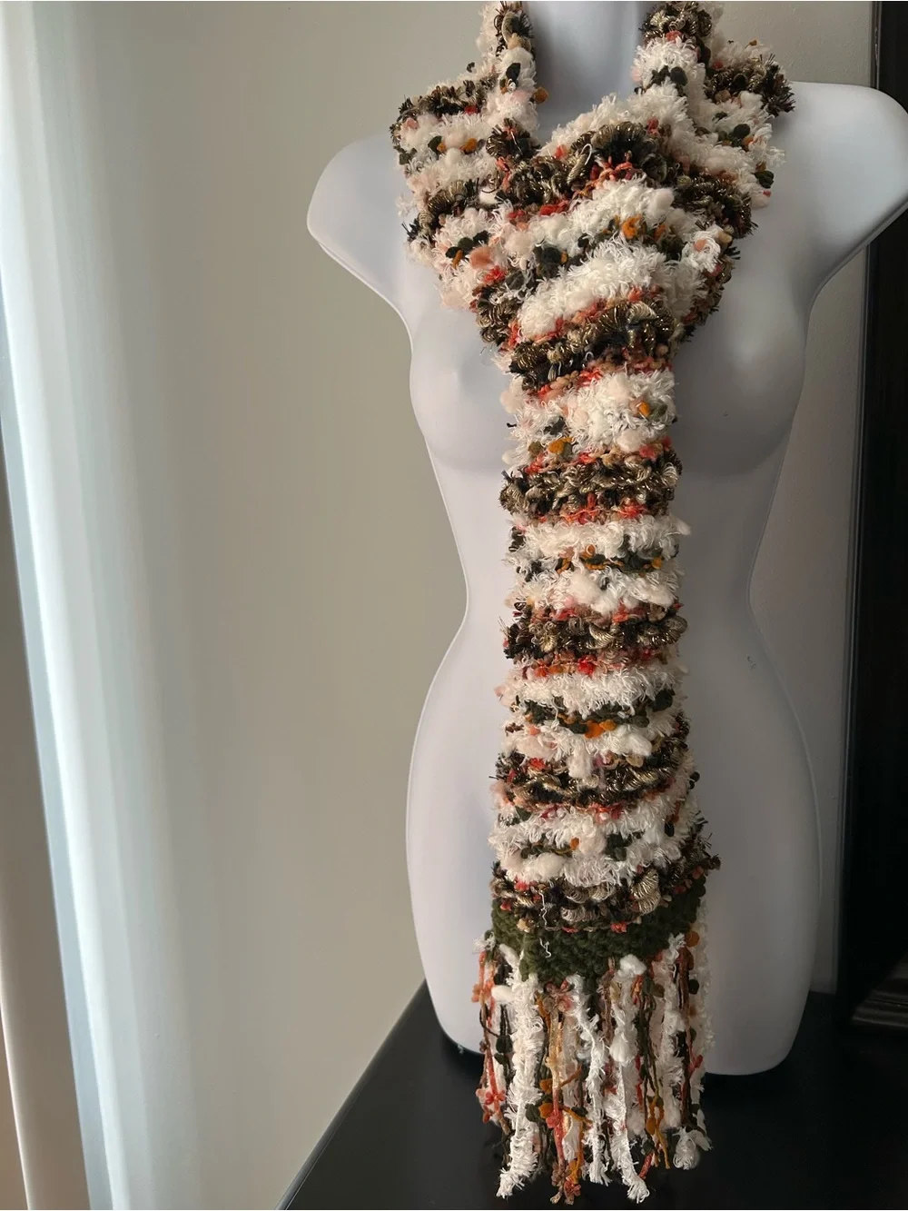 Textured Stripe Fuzzy Knit Scarf - White, Brown & Orange